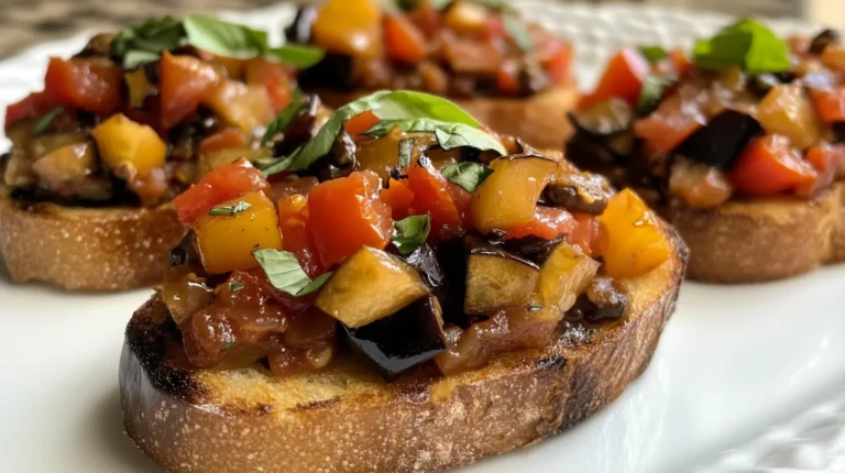 Eggplant Caponata Bruschetta is a delicious appetizer.