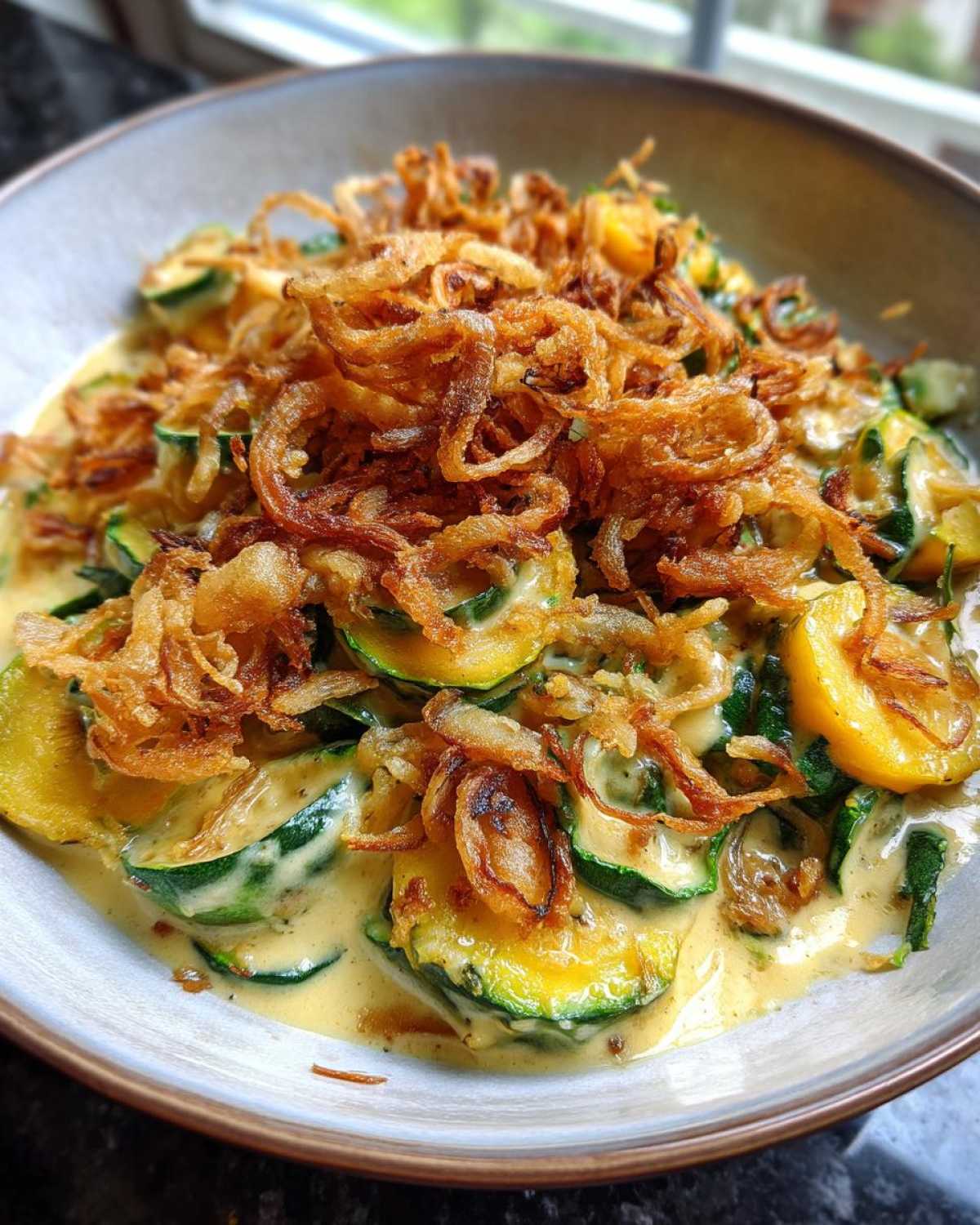Creamy Zucchini Yellow Squash Crispy Onion Topping - detail 1