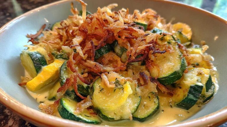 Creamy Zucchini Yellow Squash Crispy Onion Topping