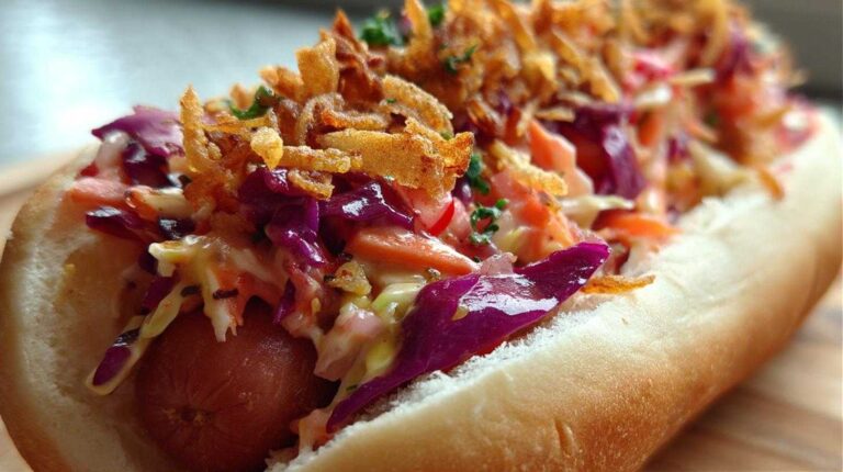 Fearless Firecracker Hot Dogs Spicy Slaw Crispy Onions in 3 steps Firecracker Hot Dogs Spicy Slaw Crispy Onions