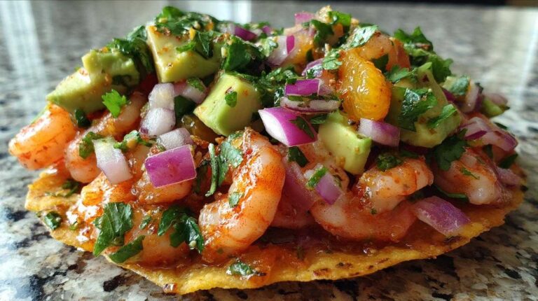 Spicy Shrimp Avocado Ceviche Tostadas