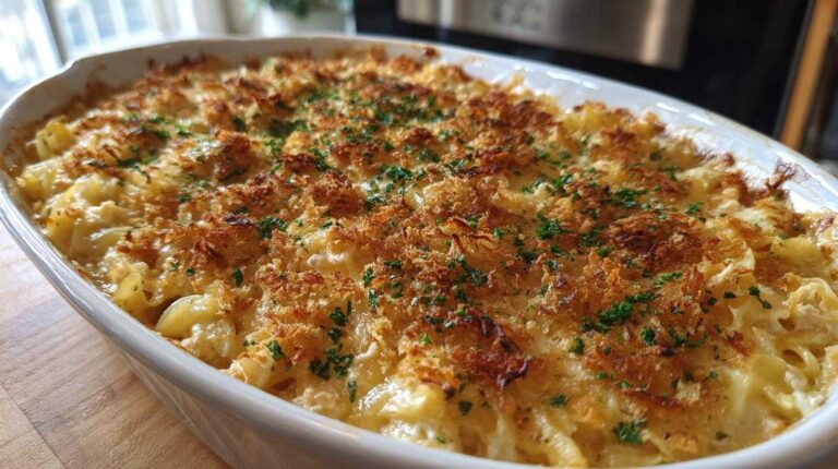 Cheesy Tuna Noodle Casserole with a Crumb Topping