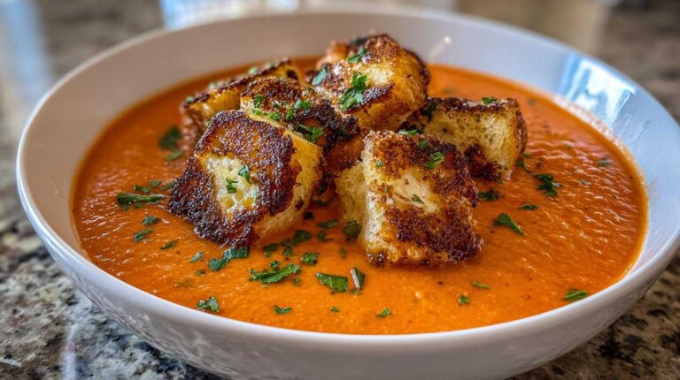 Creamy Tomato Soup with Grilled Cheese Croutons