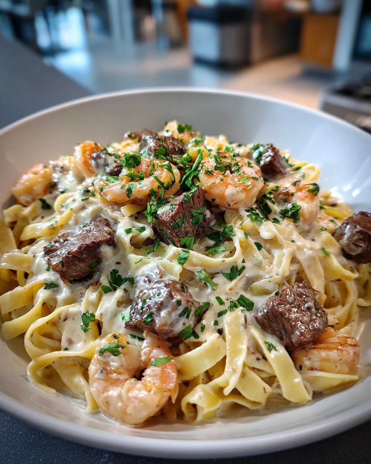Steak and Shrimp Pasta in Cream Sauce - detail 1