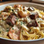 Steak and Shrimp Pasta in Cream Sauce