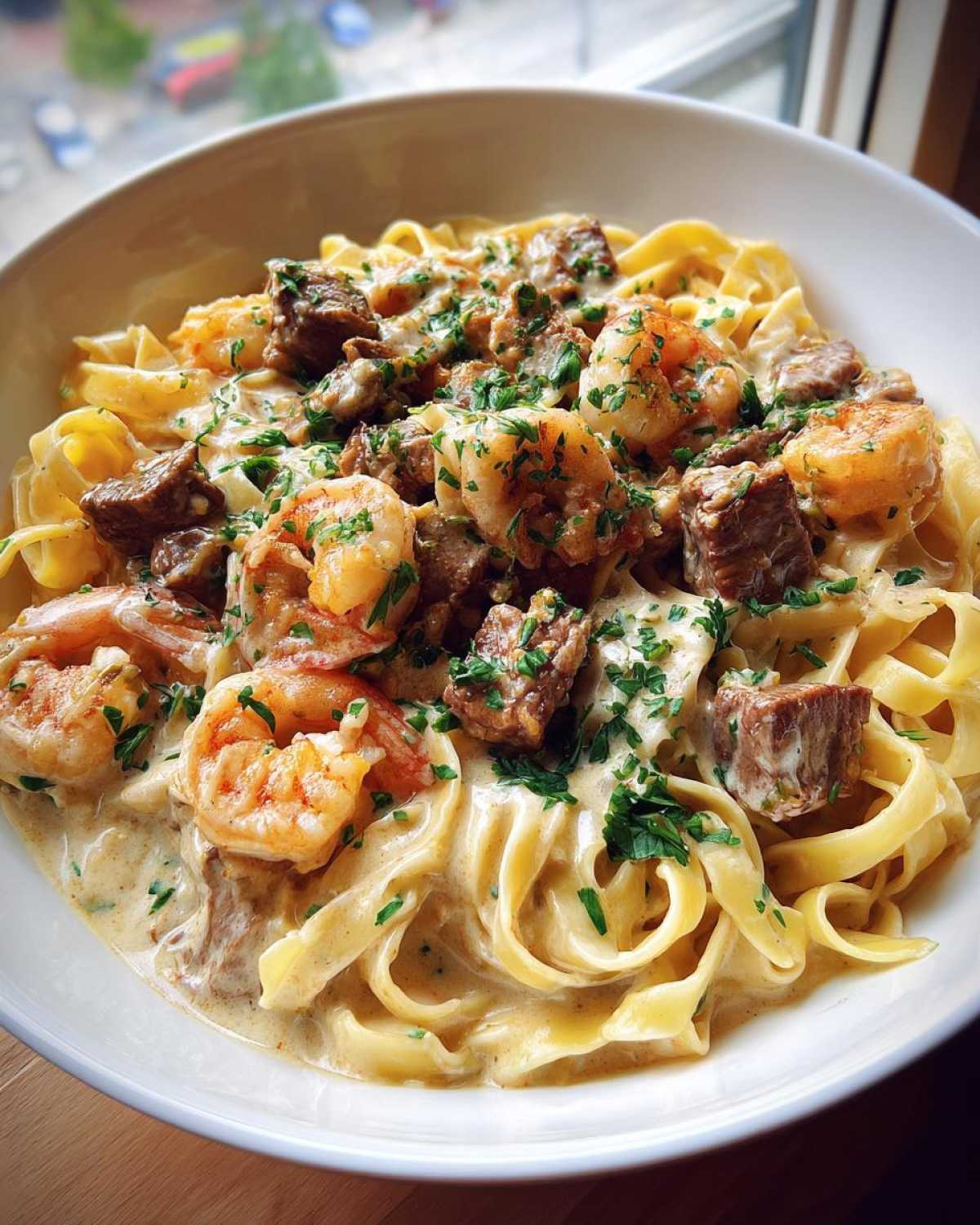 Steak and Shrimp Pasta in Cream Sauce - detail 2