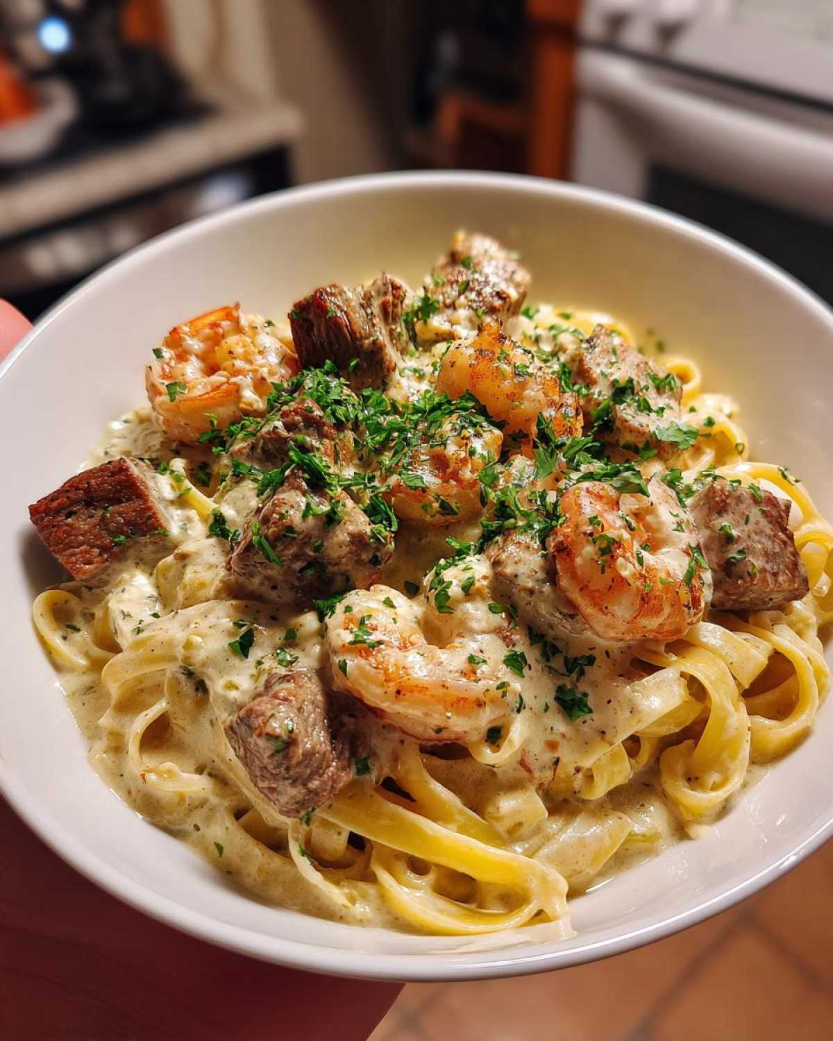 Steak and Shrimp Pasta in Cream Sauce - detail 3