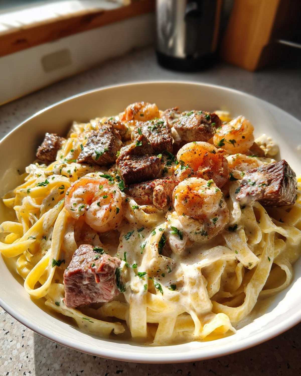 Steak and Shrimp Pasta in Cream Sauce - detail 4