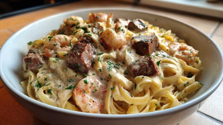 Steak and Shrimp Pasta in Cream Sauce