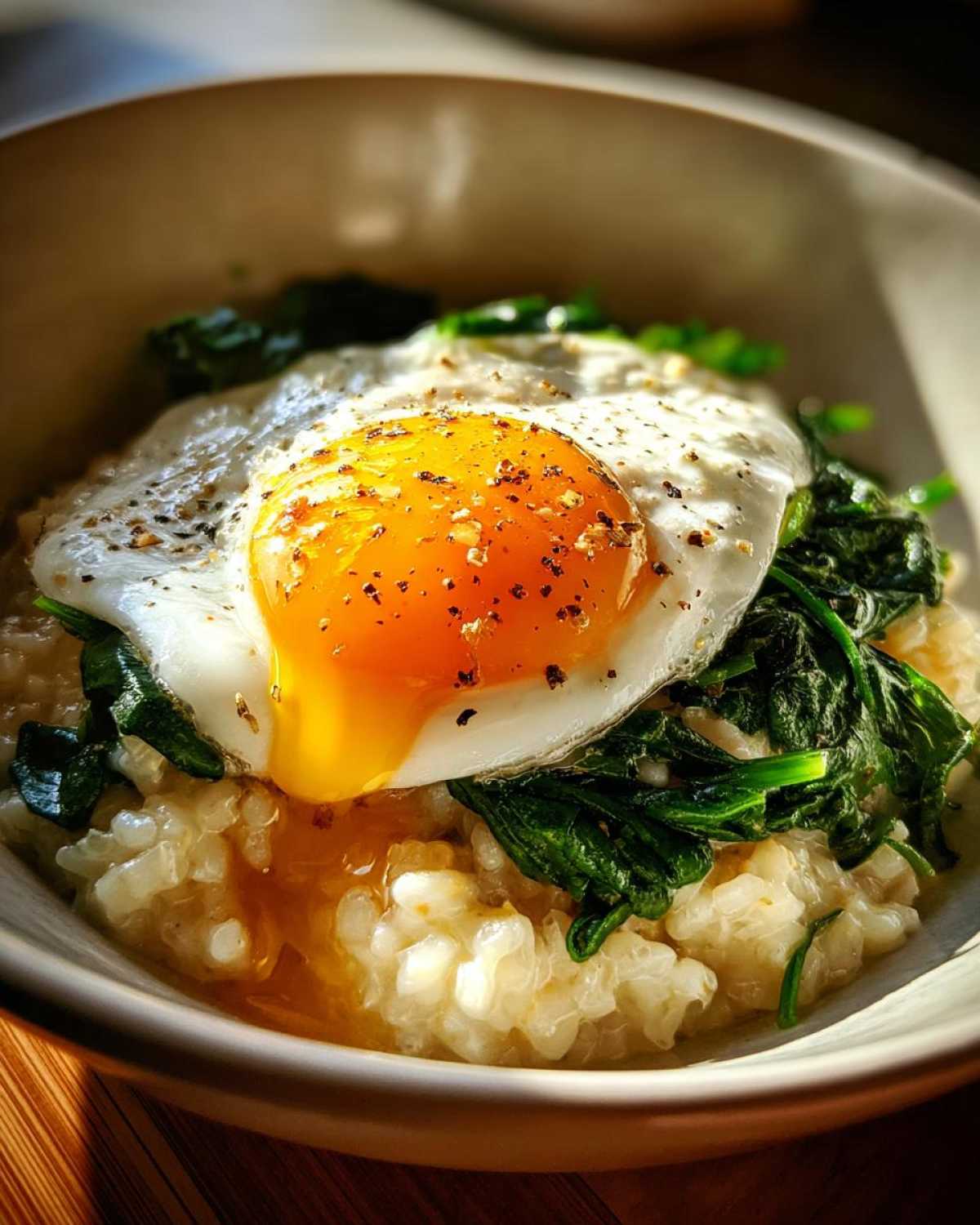 Savory Oatmeal with Spinach and Poached Egg - detail 1