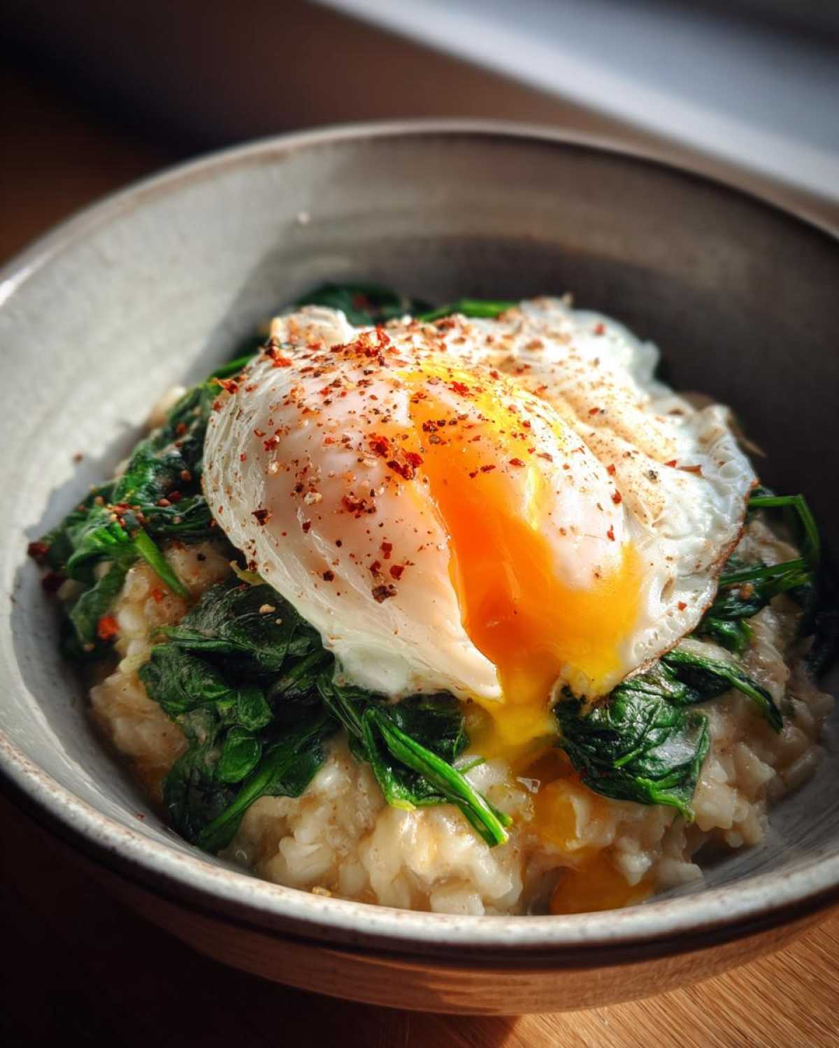 Savory Oatmeal with Spinach and Poached Egg - detail 2