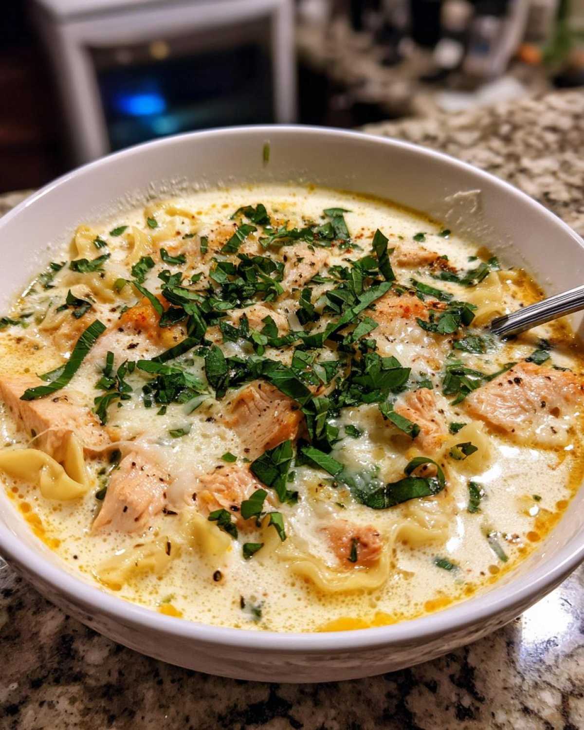creamy white chicken lasagna soup - detail 1