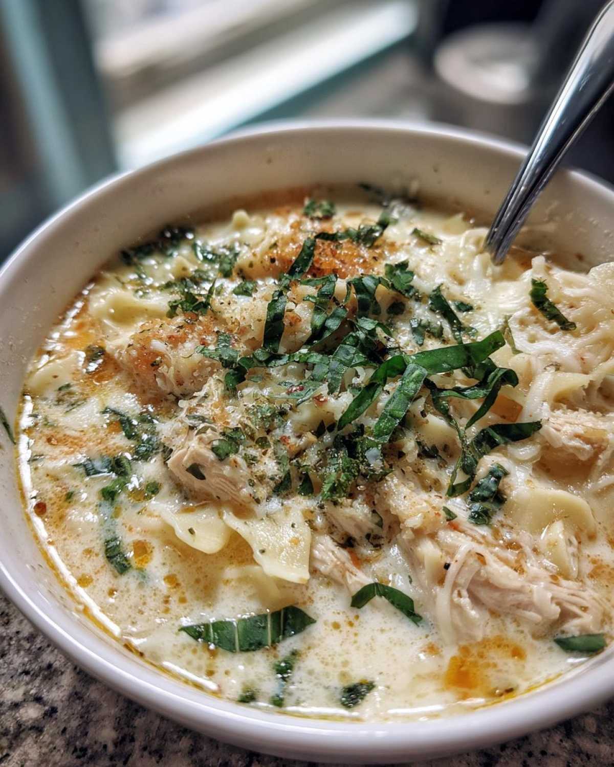 creamy white chicken lasagna soup - detail 2