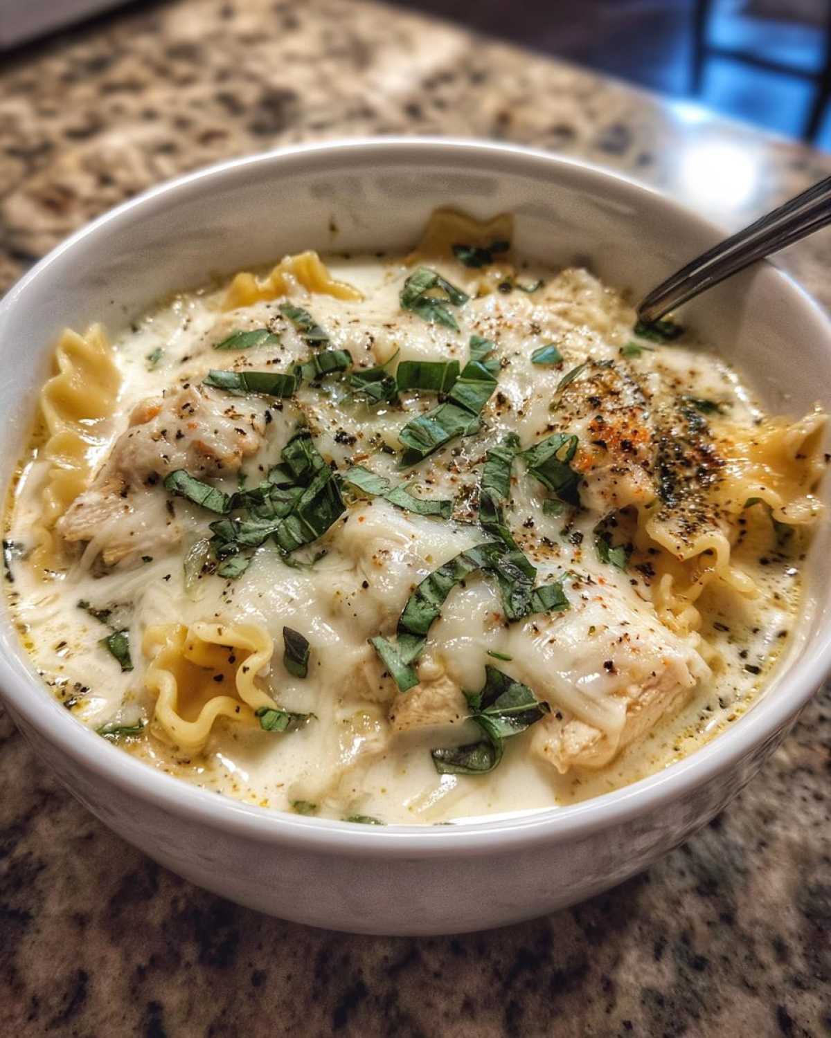 creamy white chicken lasagna soup - detail 3