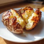 A perfectly cooked air fryer baked potato, split open to reveal fluffy white interior and crispy, golden-brown skin.