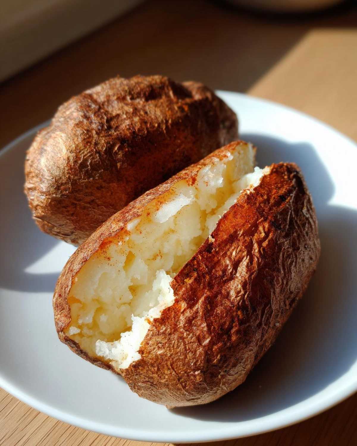Two perfectly cooked air fryer baked potato halves showing a fluffy, seasoned interior and crispy skin.