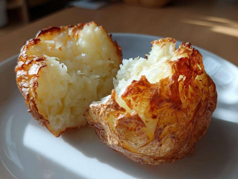 A perfectly cooked air fryer baked potato split in half showing fluffy white interior and crispy brown skin.