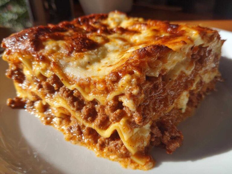 A close-up, sunlit shot of a thick, layered slice of amazing 1-pan lasagna with rich meat sauce and browned cheese topping.