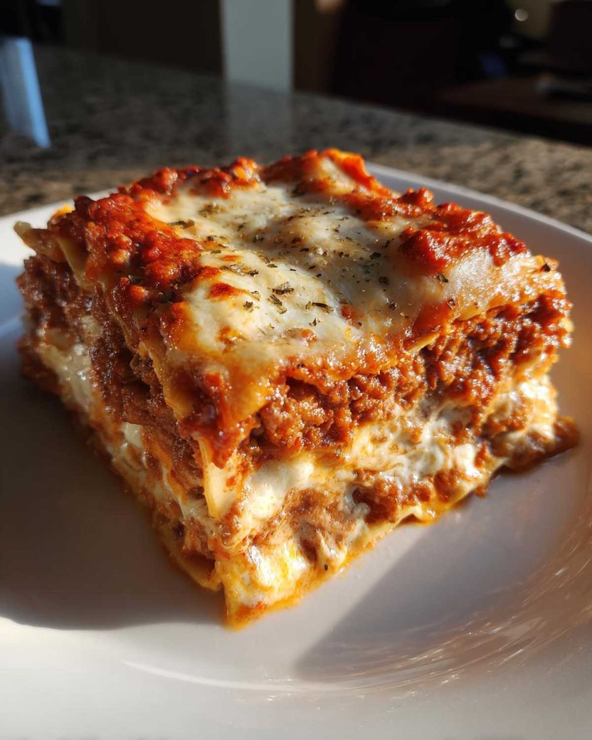 A close-up, sunlit slice of rich, layered lasagna with melted cheese and meat sauce.