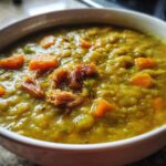 Close-up of a thick, green pea soup topped with chunks of carrot and shredded ham.
