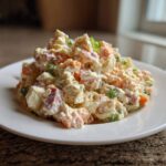 A close-up of a generous mound of creamy ham salad featuring diced ham, carrots, and peas, served on a white plate.