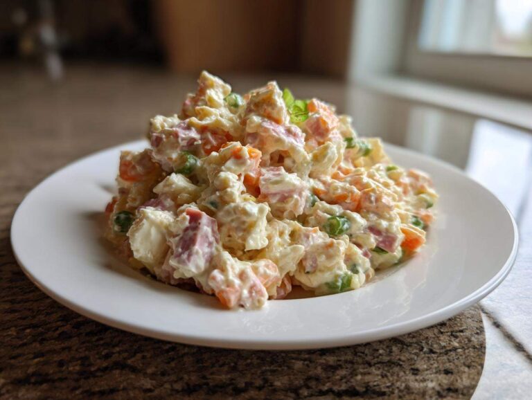 Amazing 10 Minute Ham Salad Savior A close-up of a generous mound of creamy ham salad featuring diced ham, carrots, and peas, served on a white plate.