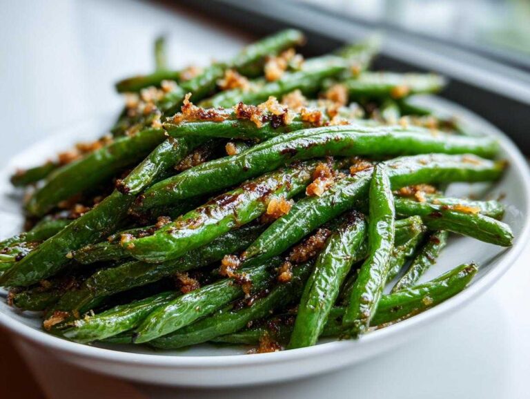 Close-up of vibrant, roasted green beans topped with crispy brown bits, highlighting the texture of the green beans.