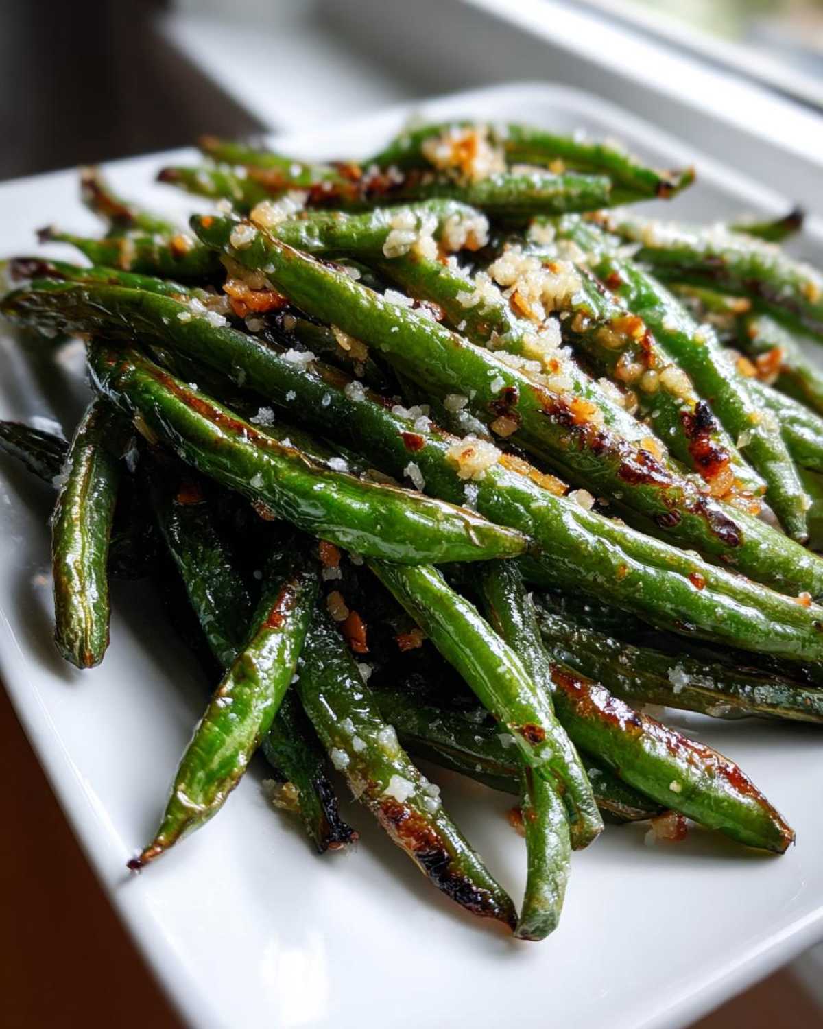A close-up of perfectly roasted green beans seasoned with coarse salt and crispy garlic bits.