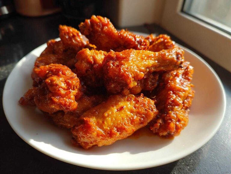 A pile of sticky, glazed baked chicken wings served on a white plate, highlighted by sunlight.