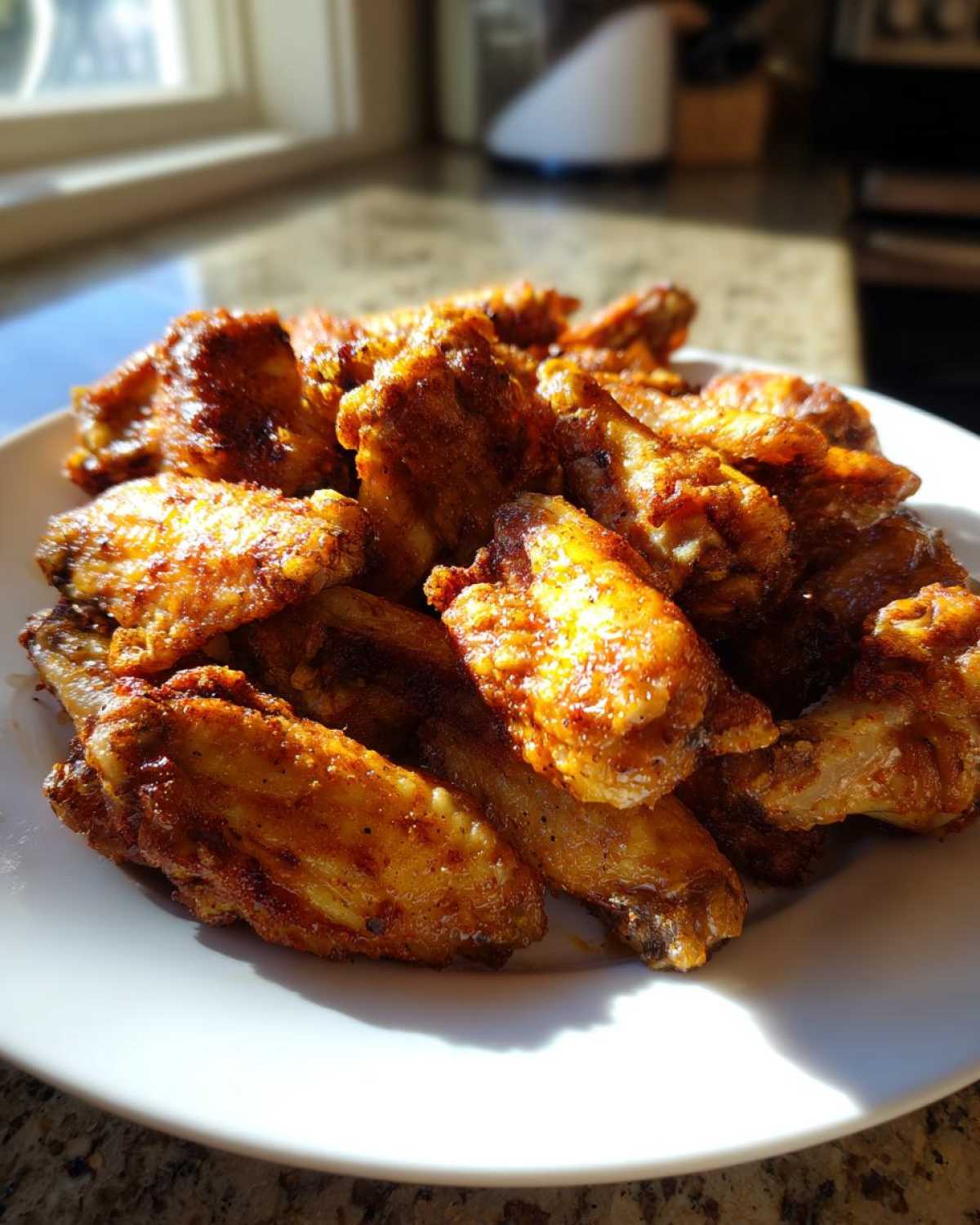 Close-up of a pile of perfectly baked, crispy chicken wings seasoned with spices on a white plate.