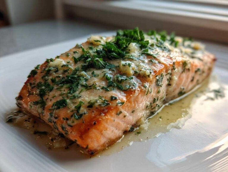 Close-up of a perfectly cooked baked salmon recipe fillet topped with melted butter, minced garlic, and fresh parsley.