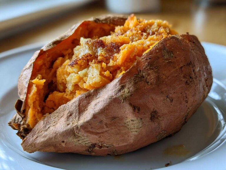 Close-up of a fluffy baked sweet potatoes, split open and seasoned on a white plate.