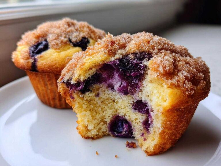 Amazing 1-Bowl blueberry muffins Taste So Good A close-up of a delicious blueberry muffin cut in half showing moist interior and bursting blueberries, topped with cinnamon sugar.