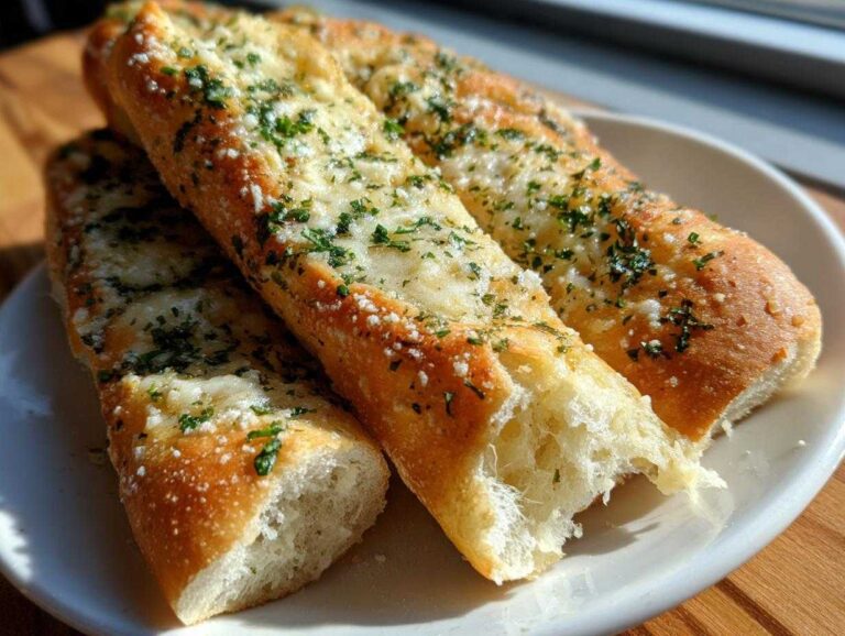Amazing 1-Hour breadsticks Taste Now Close-up of three golden brown breadsticks topped with melted cheese and fresh parsley.