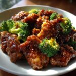 Close-up of glossy, saucy chicken and broccoli coated in a rich brown glaze.