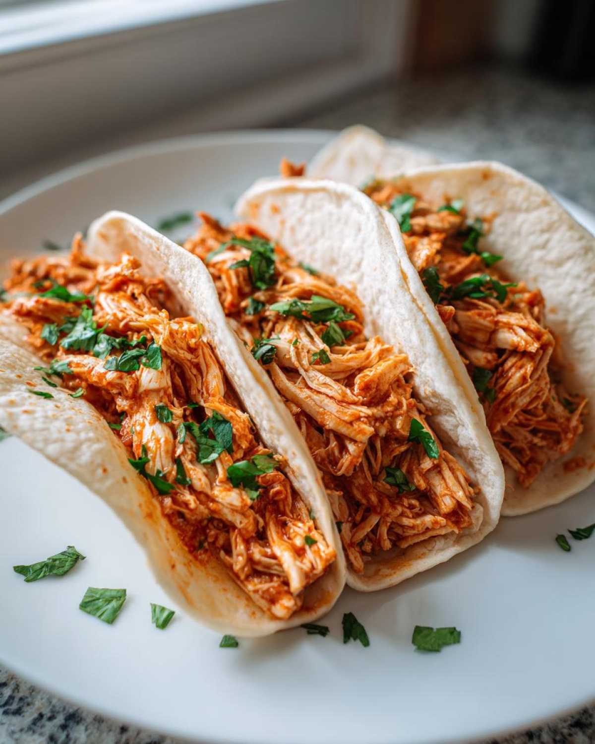 Three soft tortilla chicken tacos filled with saucy shredded chicken and topped with fresh cilantro.