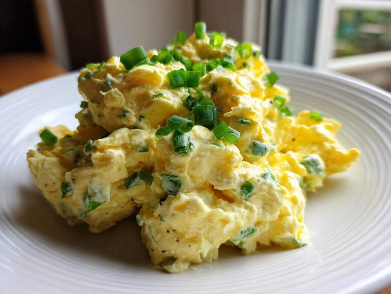 A generous serving of creamy, yellow egg salad recipe topped with fresh chopped green onions on a white plate.