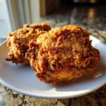 Two golden brown pieces of perfectly crispy fried chicken resting on a white plate.