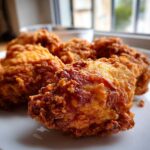 Close-up of several golden-brown, crispy pieces of fried chicken resting on a white plate.