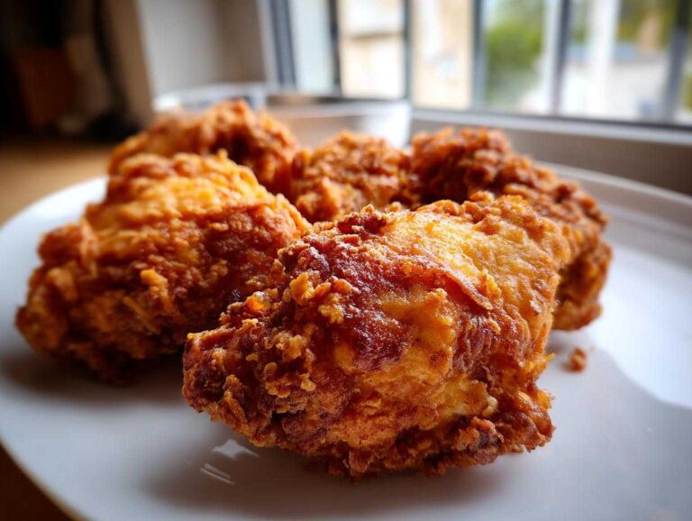 Close-up of several golden-brown, crispy pieces of fried chicken resting on a white plate.