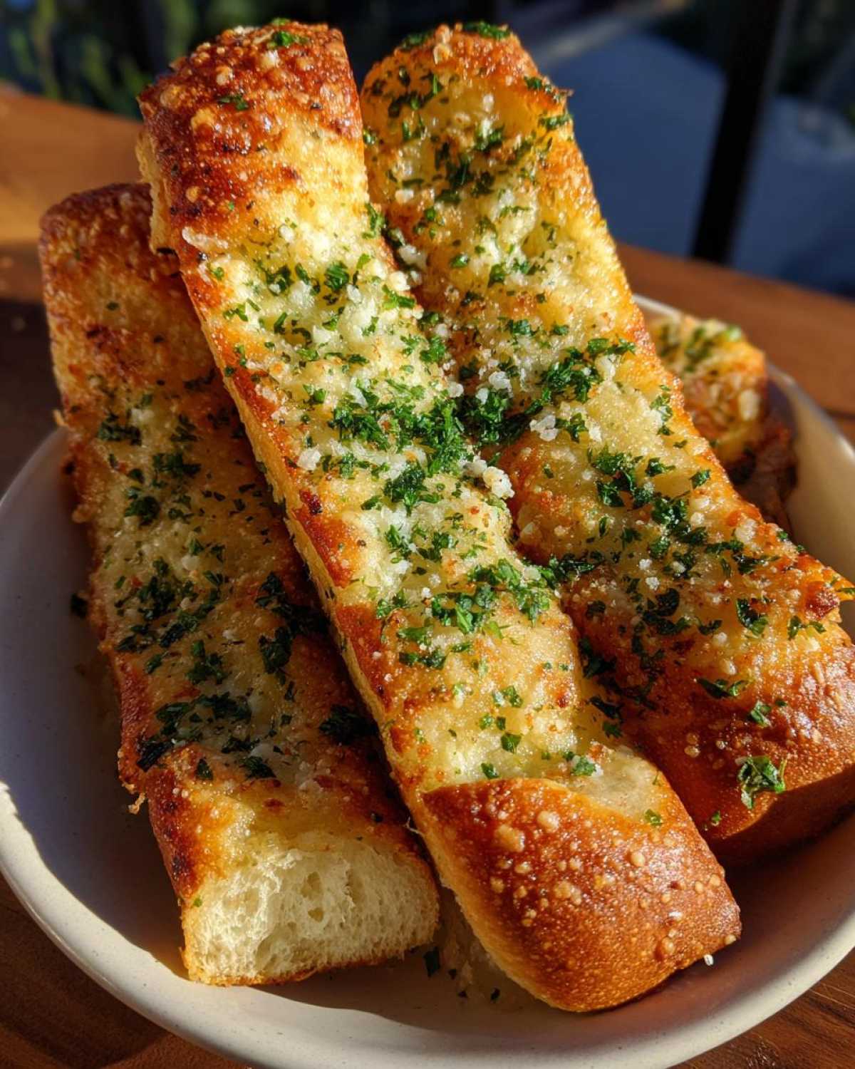 Close-up of three golden-brown, cheesy garlic breadsticks topped with fresh parsley.