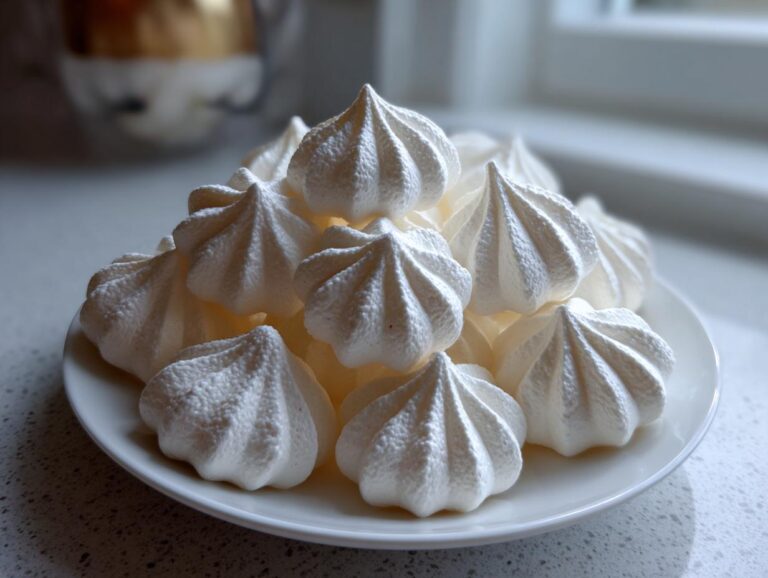 Amazing meringue cookies: 1 foolproof tip A pile of perfectly piped, crisp white meringue cookies stacked on a small white plate.