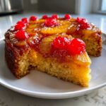 A slice cut from a golden pineapple upside down cake topped with caramelized pineapple rings and bright red maraschino cherries.
