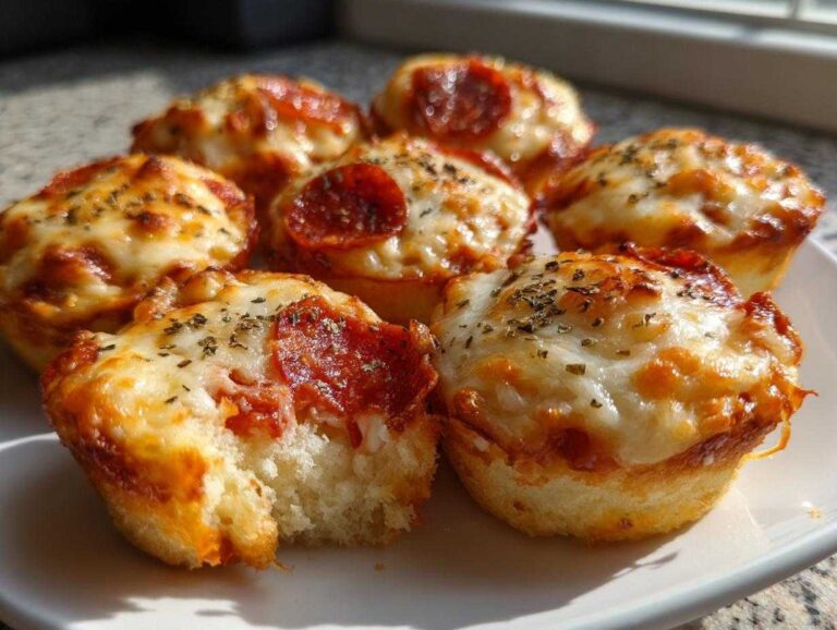 A plate of freshly baked, cheesy pepperoni pizza muffins, one of which has a bite taken out.