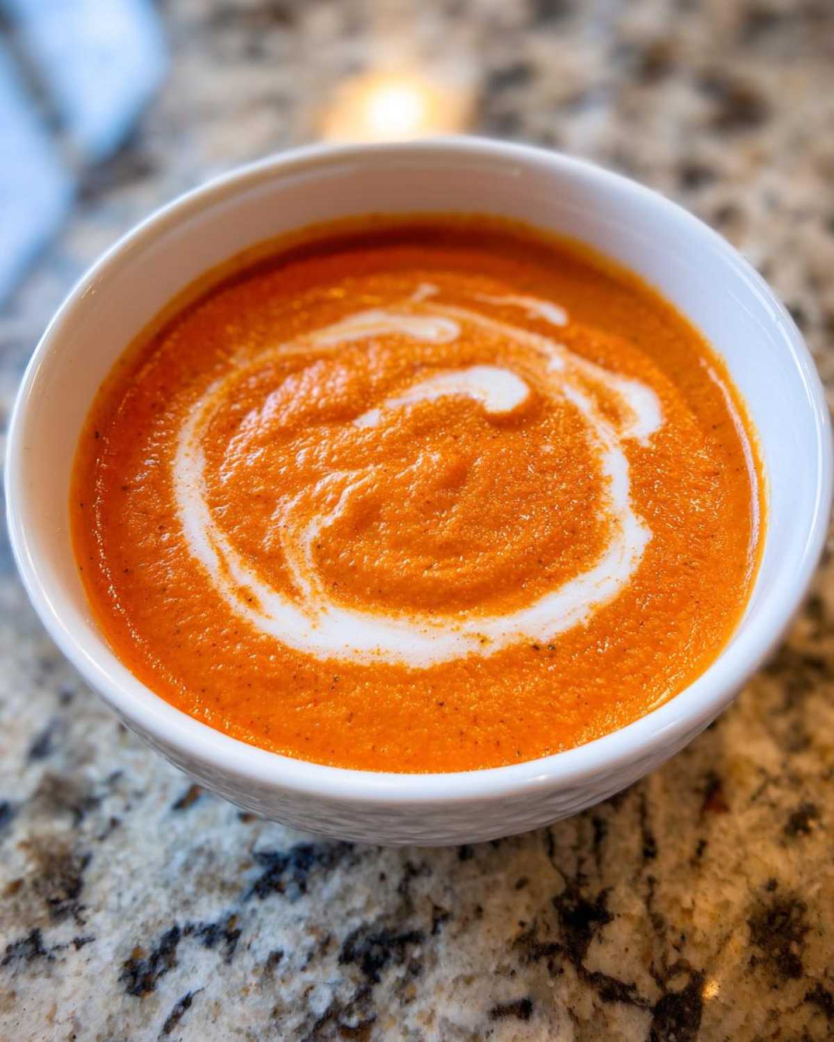 Close-up of a white bowl filled with rich orange tomato bisque, swirled with cream.