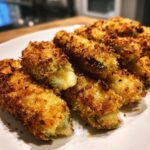 Close-up of baked Jalapeño poppers sticks with a crispy golden crust and melted cheese oozing out.