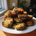 A pile of golden brown, crispy baked parmesan zucchini slices stacked high on a white plate.