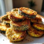 A stack of golden brown, crispy baked parmesan zucchini slices piled on a white plate.