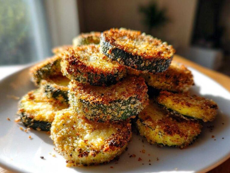 A stack of golden brown, crispy baked parmesan zucchini slices piled on a white plate.