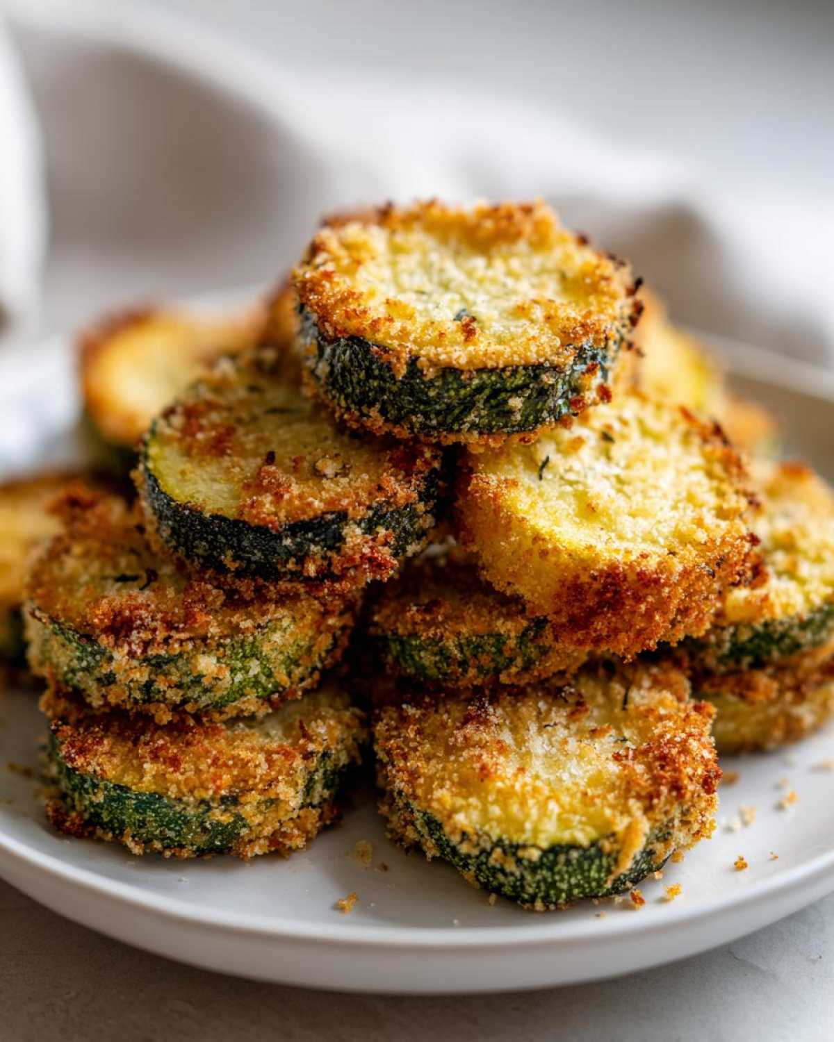 A close-up stack of crispy, golden baked parmesan zucchini slices on a white plate.